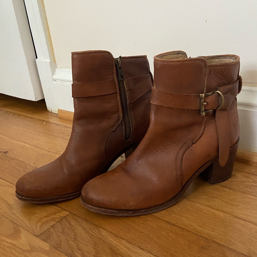 Tan Frye Heeled Booties